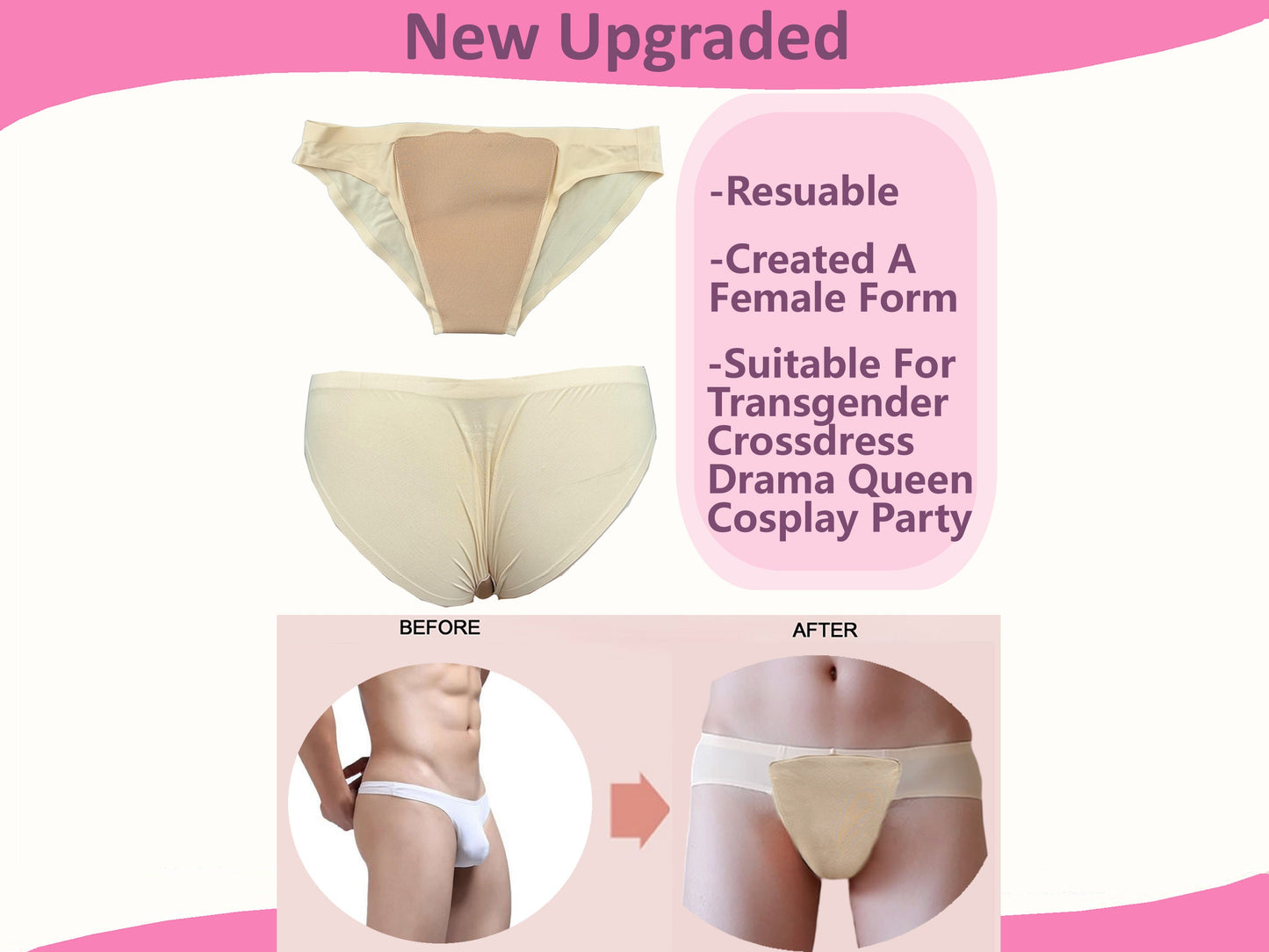 BIMEI Tape Gaff Panty Avoid Camel Toe Seamless Underwear Skip the Line -Transgender,Crossdresser,Men&Women,Beige,2 Colors