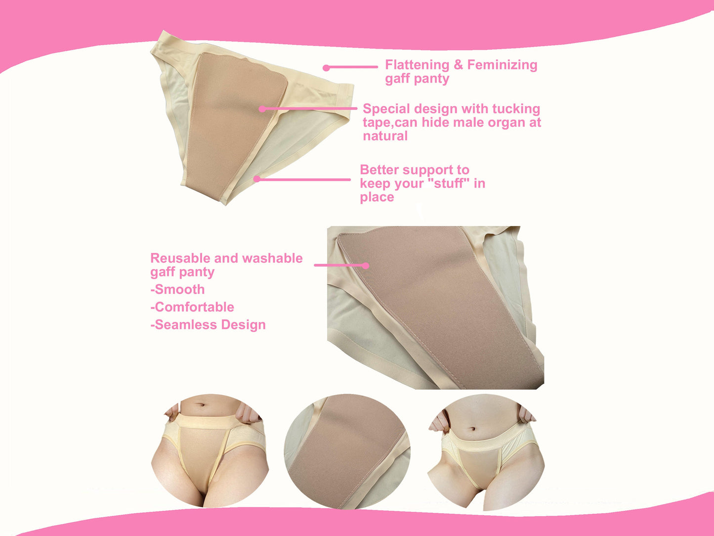 BIMEI Tape Gaff Panty Avoid Camel Toe Seamless Underwear Skip the Line -Transgender,Crossdresser,Men&Women,Beige,2 Colors